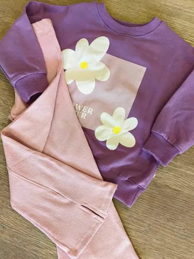 Ensemble fille pull fleur violet pantalon rose coton - dernière taille 3 ans ref 4000 ALL FOR KIDS