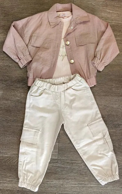 Ensemble fille veste rose, t-shirt et pantalon cargo coton dernière taille 3 ans ref 4122 ALL FOR KIDS