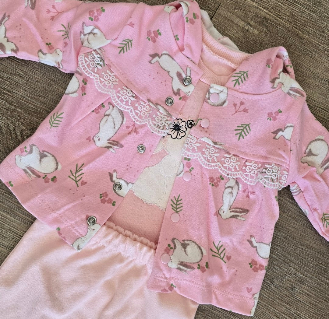Ensemble bébé 3 pièces gilet imprimé lapin, body, pantalon 100 % coton taille de 0 à 6 mois ref 0460 ALL FOR KIDS