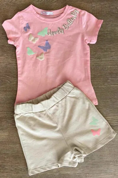 Ensemble fille dernière taille 4 ans Tee-shirt papillon et short beige ref 0221 ALL FOR KIDS