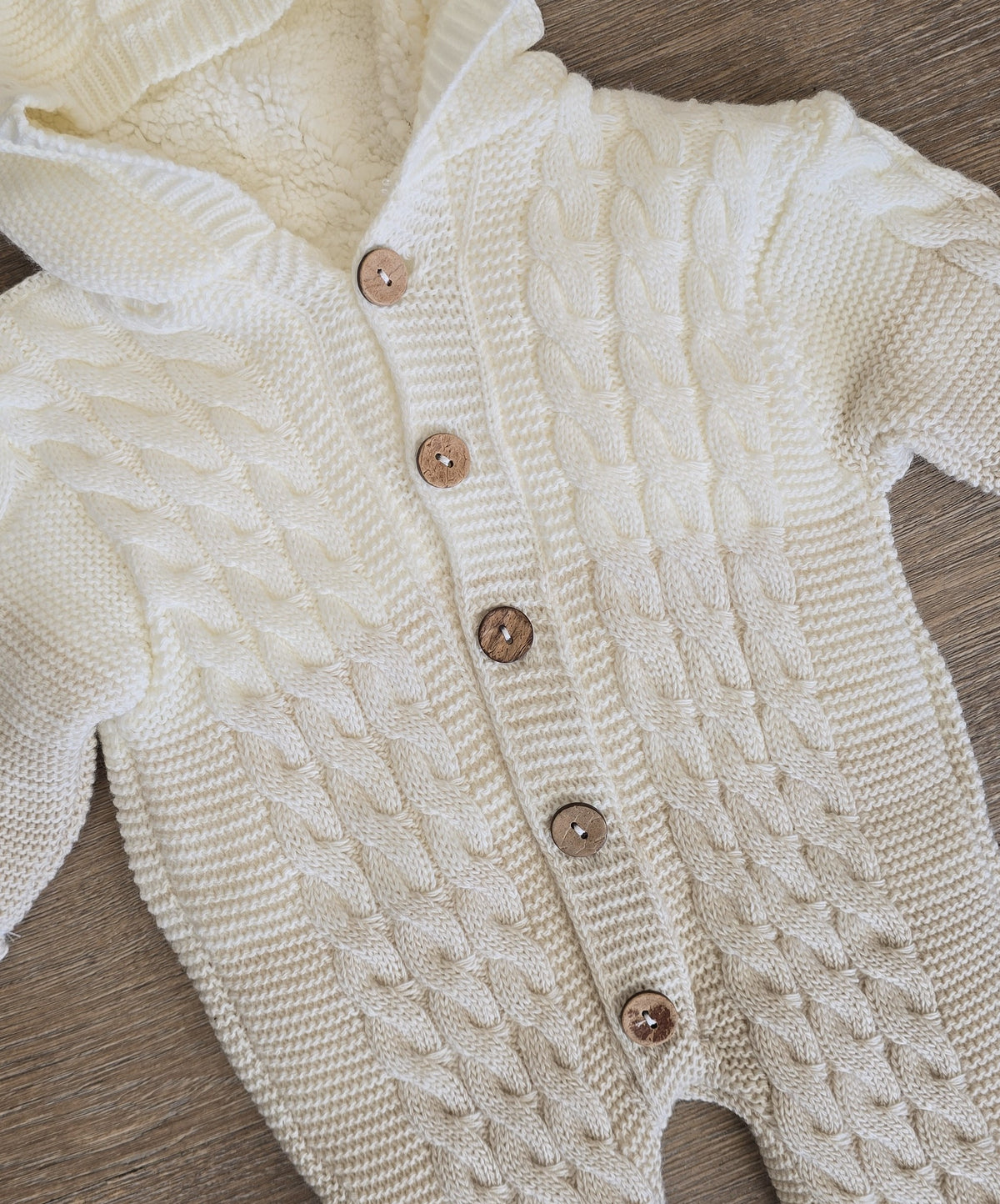 Détails combinaison bébé unisexe 100 % laine marron et écru All for Kids
