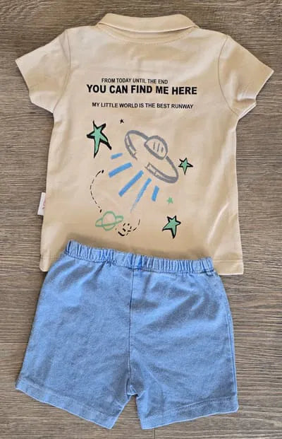 Dos ensemble bébé garçon polo beige et short bleu effet denim