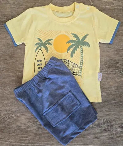Détail short bleu ensemble bébé garçon palmier