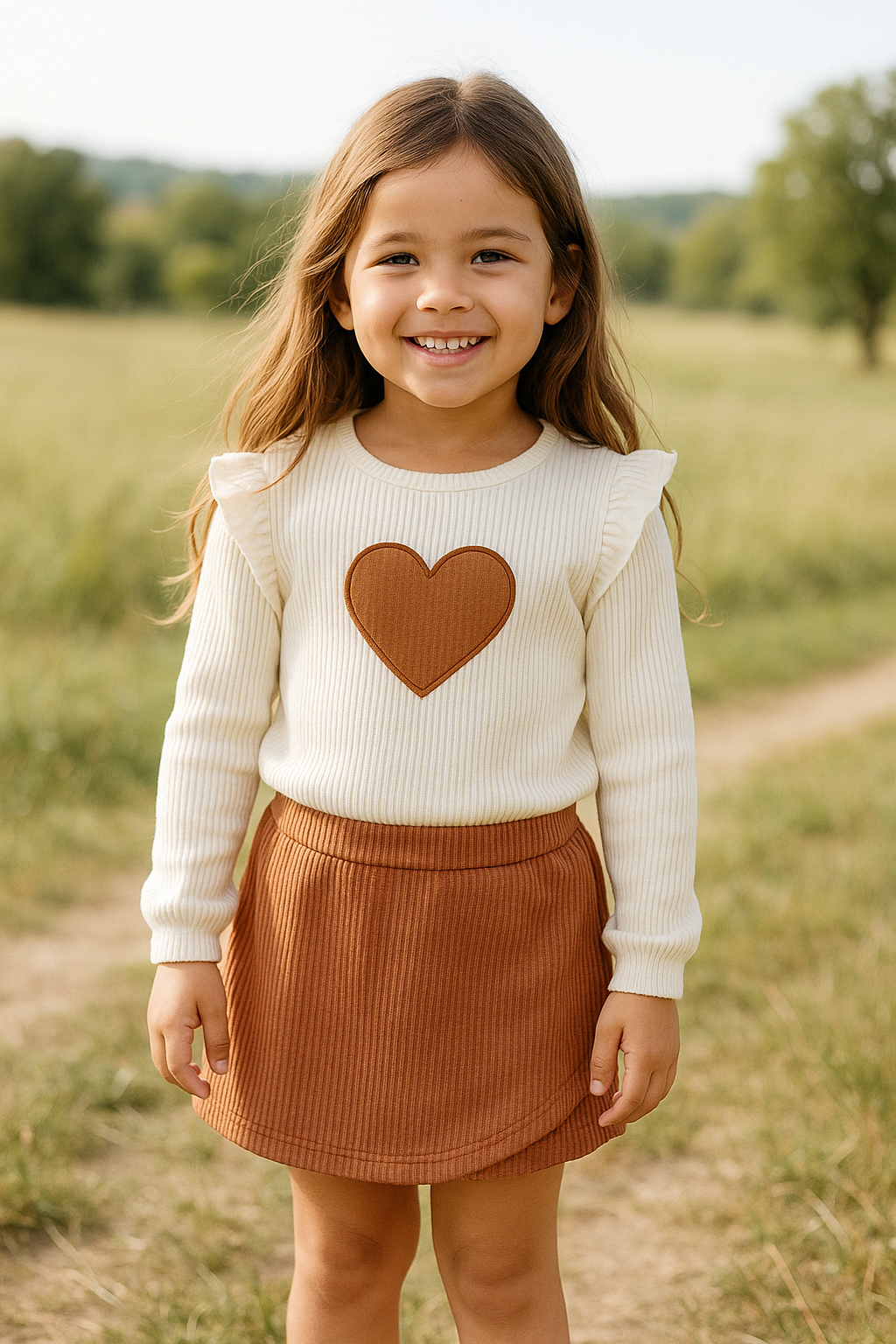 Ensemble haut crème cœur + jupe-short terracotta dernière talle 5 ans ref 1255 ALL FOR KIDS