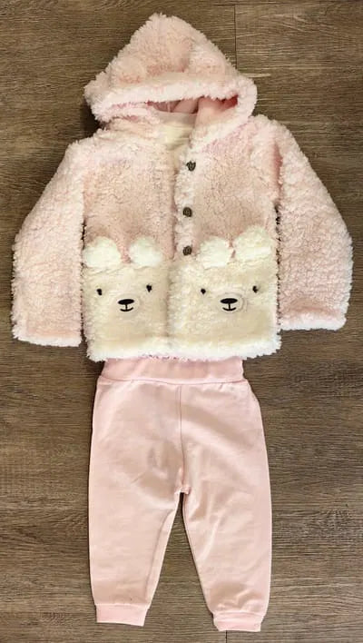 Ensemble hiver bébé fille dernière taille 9 mois manteau nounours, tee-shirt et pantalon ref 879 ALL FOR KIDS