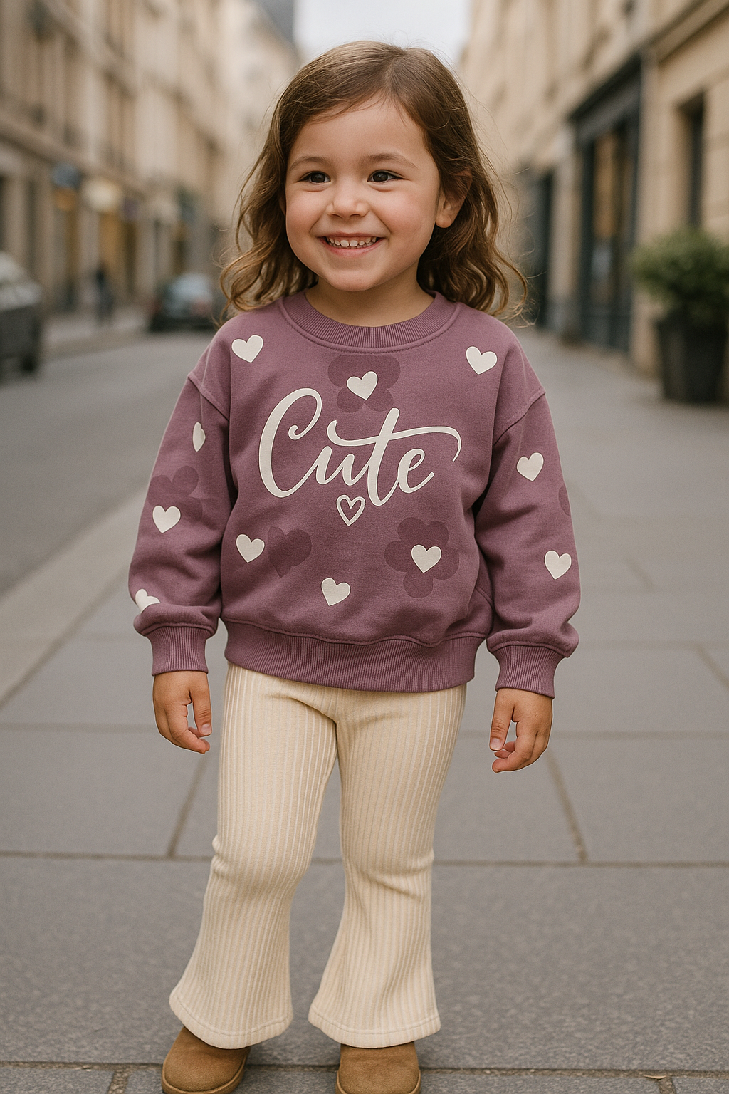 Ensemble fille 100% coton « Cute » – Sweat violet & pantalon évasé crème ref 5421 ALL FOR KIDS