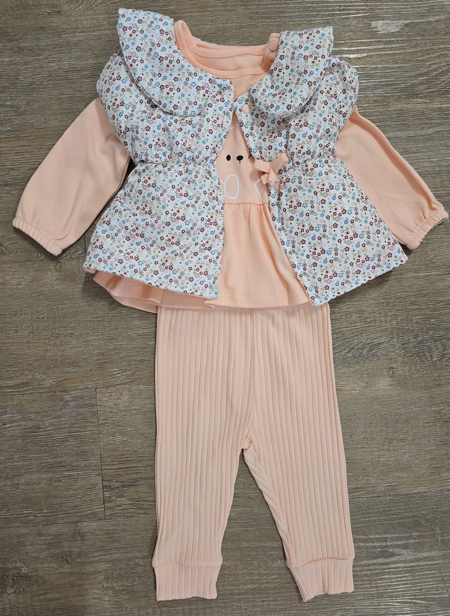 Ensemble fille 3 pièces rose poudré avec doudoune taille de 3 à 9 mois 100% coton ref 162 ALL FOR KIDS