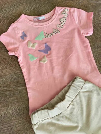 Ensemble fille dernière taille 4 ans Tee-shirt papillon et short beige ref 0221 ALL FOR KIDS