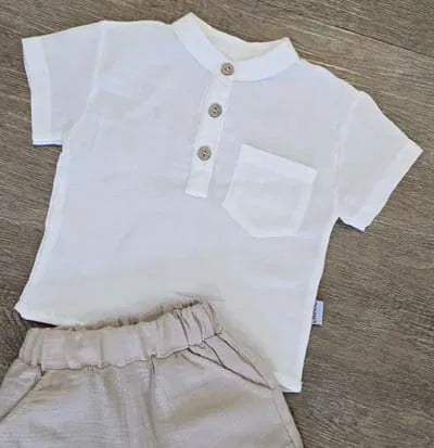 Tenue été bébé garçon col mao et short en gaze de coton