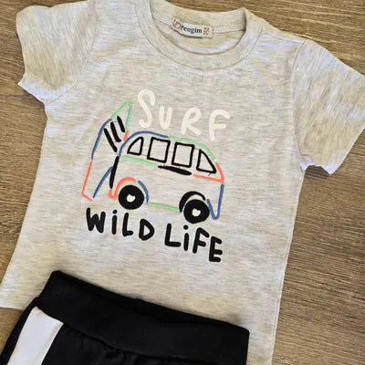 Tenue été bébé garçon Surf 100 % coton tee-shirt gris et short noir