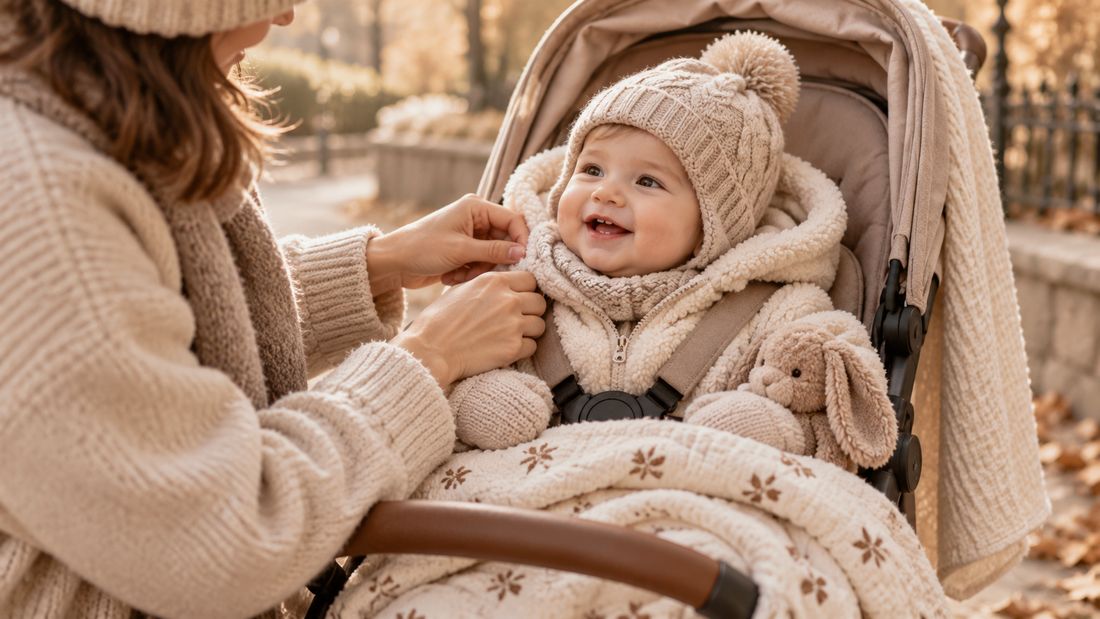 Bébé habillé chaudement dans une poussette pour une sortie en hiver