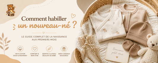 Comment habiller un nouveau-né : vêtements de naissance en coton, body, pyjama, bonnet et accessoires bébé pour préparer l'arrivée de bébé.