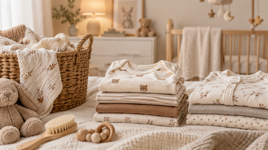 Vêtements de bébé en coton propres et pliés après lavage dans une chambre beige