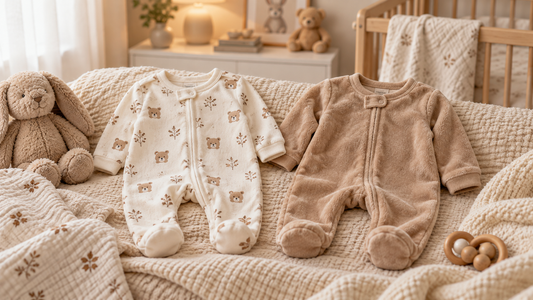 Pyjama bébé en coton et pyjama bébé en velours comparés dans une chambre douce