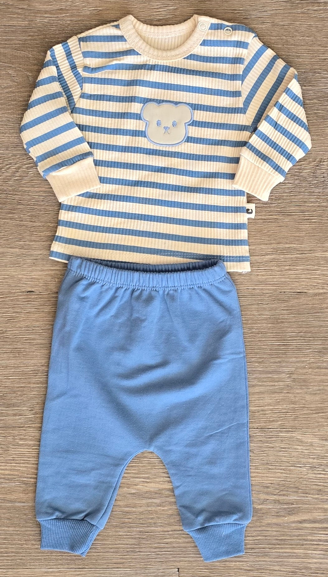 Ensemble bébé bleu rayé ourson 100% coton taille de  0 à 9 mois ref 1332 ALL FOR KIDS