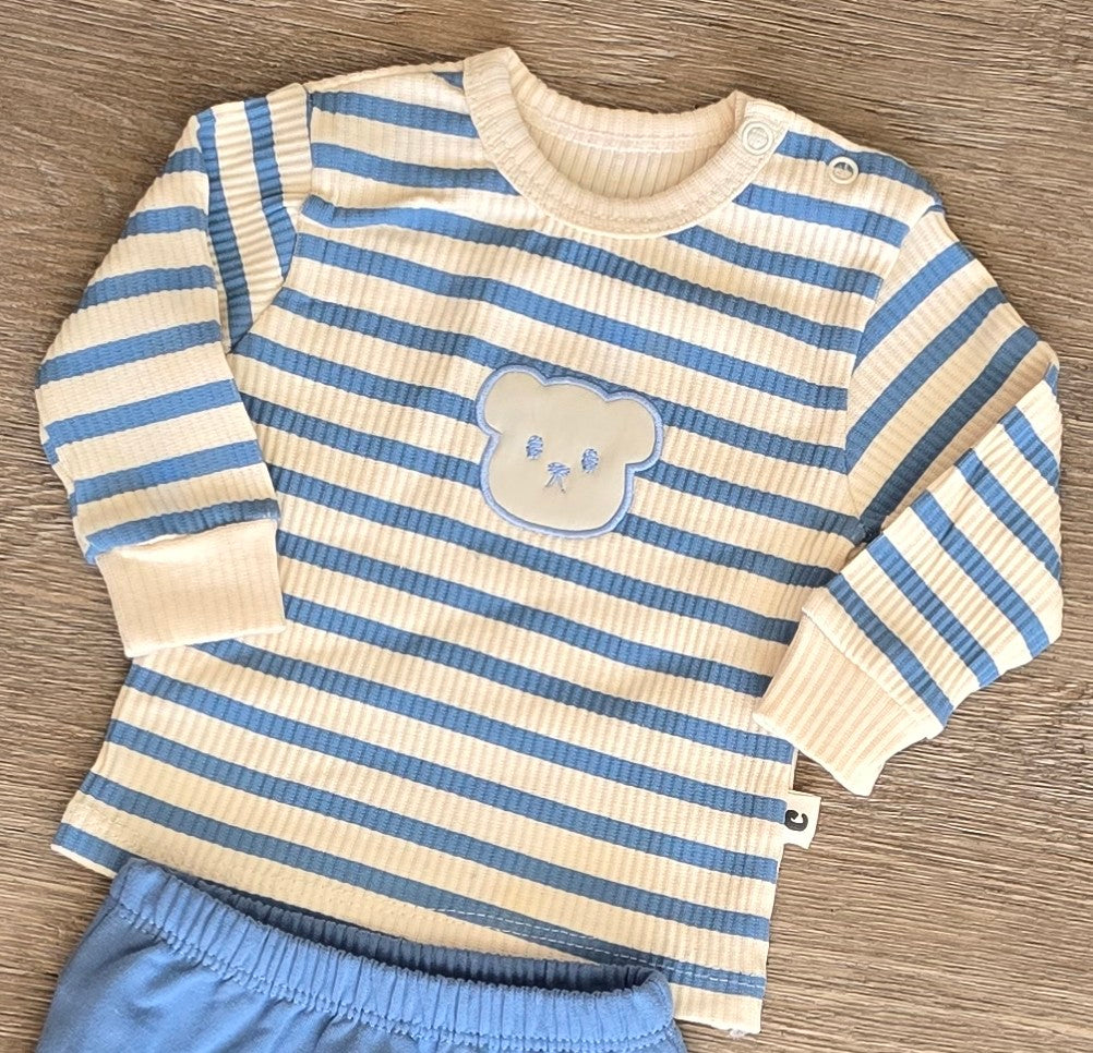 Ensemble bébé bleu rayé ourson 100% coton taille de  0 à 9 mois ref 1332 ALL FOR KIDS
