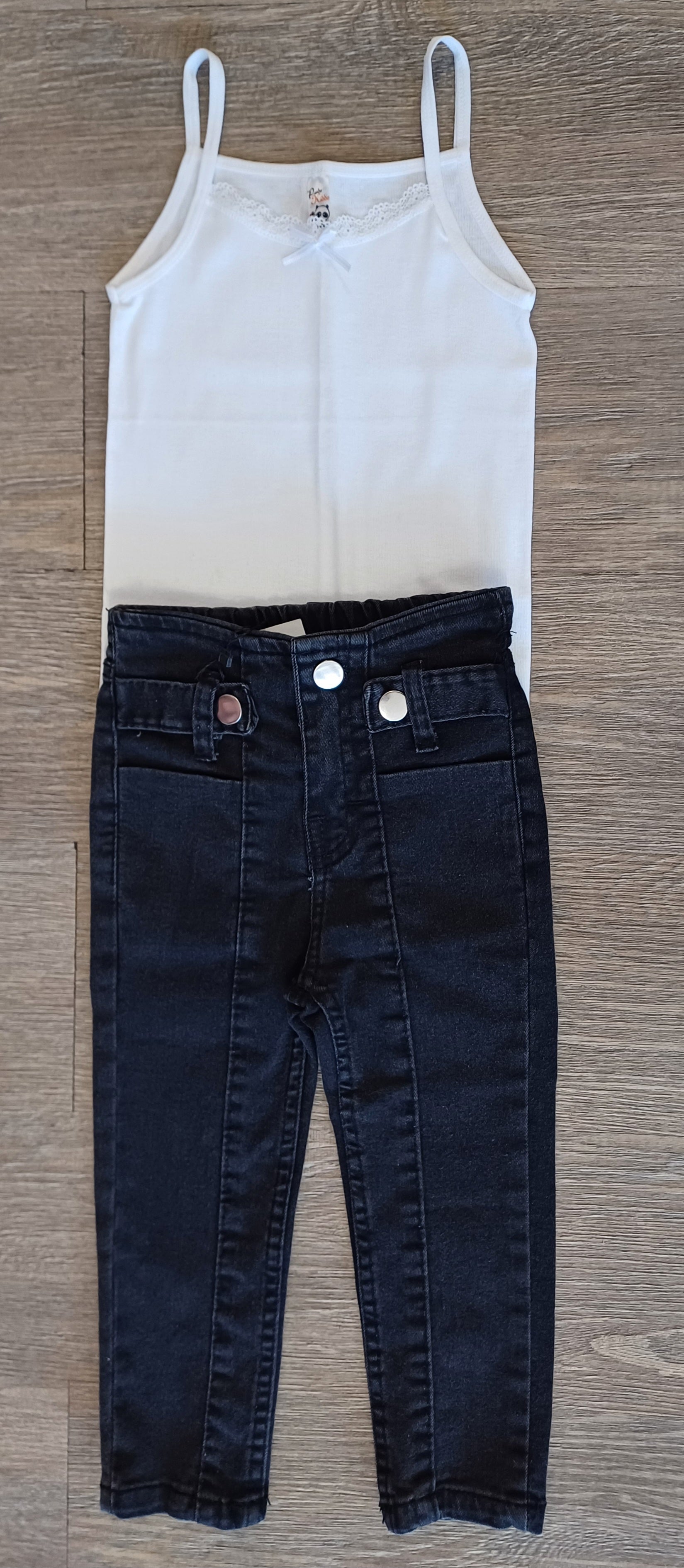 Ensemble fille caraco blanc et jean noir dernière taille 3 ans 100% coton ref 3119 ALL FOR KIDS