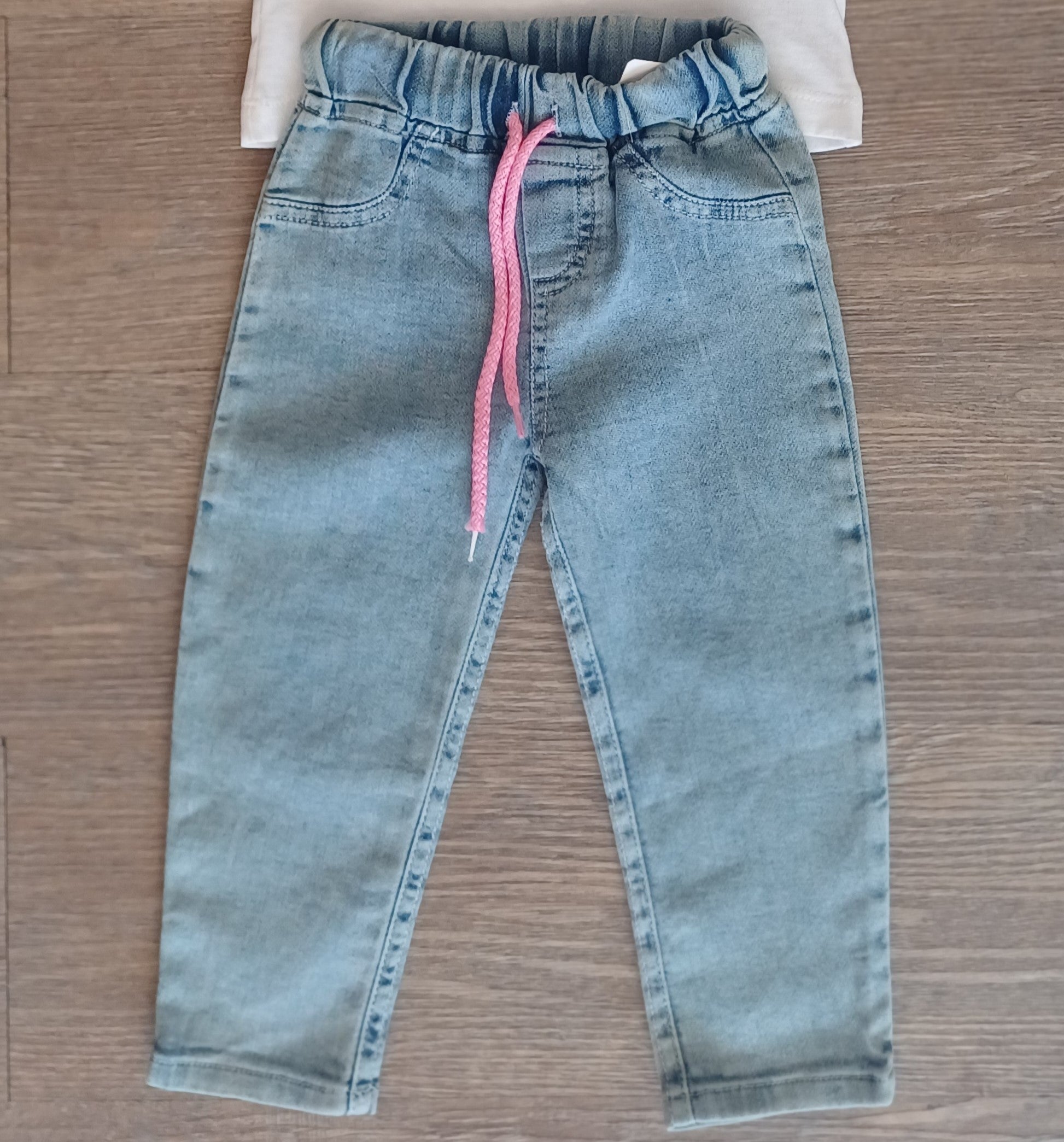 Pantalon fille jean clair avec cordon rose 100% coton dernière taille 4 ans ref 771 ALL FOR KIDS