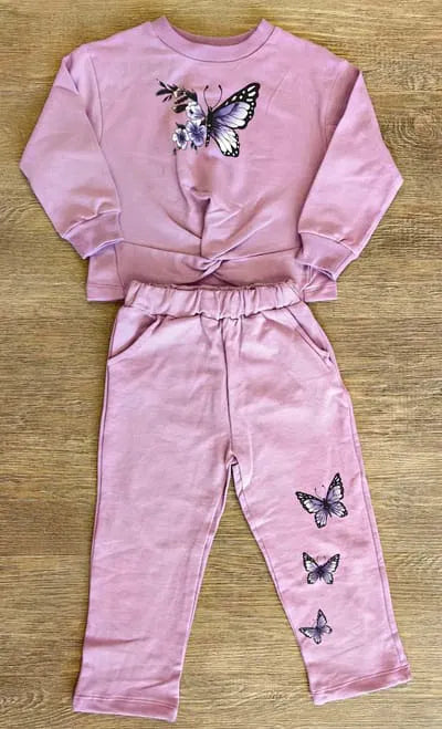 Survêtement enfant fille, ensemble jogging papillon fille,  dernière taille 4 ans, tenue hiver fille coton, pull pantalon fille imprimé, mode enfant rose pastel, ensemble 2 pièces bébé fille, vêtement fille Ensemble papillon ref 2306 ALL FOR KIDS