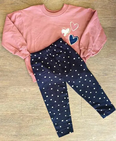 Ensemble fille cœur : pull vieux rose + legging à pois - 2 à 5 ans ref 9868 ALL FOR KIDS