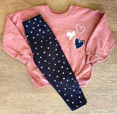 Ensemble fille cœur : pull vieux rose + legging à pois - 2 à 5 ans ref 9868 ALL FOR KIDS