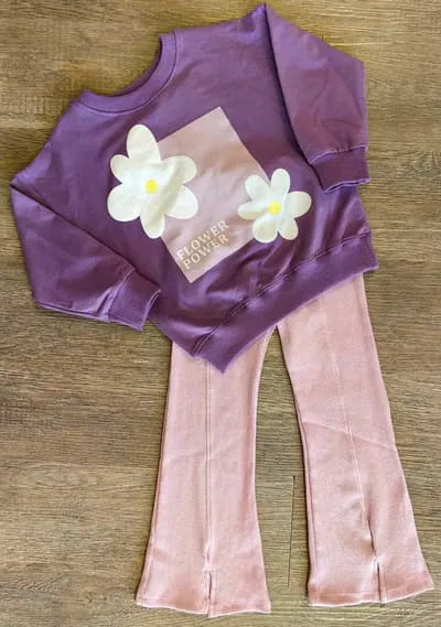 Ensemble fille pull fleur violet pantalon rose coton - dernière taille 3 ans ref 4000 ALL FOR KIDS