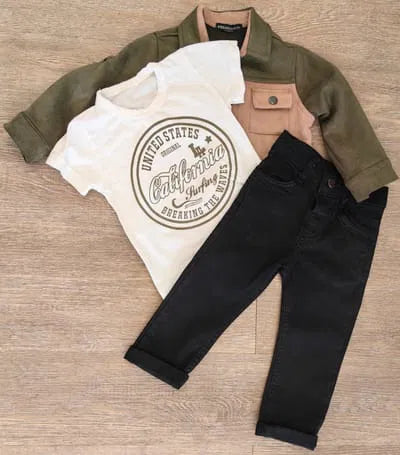Ensemble garçon veste daim kaki, t-shirt, jean noir taille de 2 à 5 ans ref 9176 ALL FOR KIDS