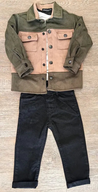 Ensemble garçon veste daim kaki, t-shirt, jean noir taille de 2 à 5 ans ref 9176 ALL FOR KIDS