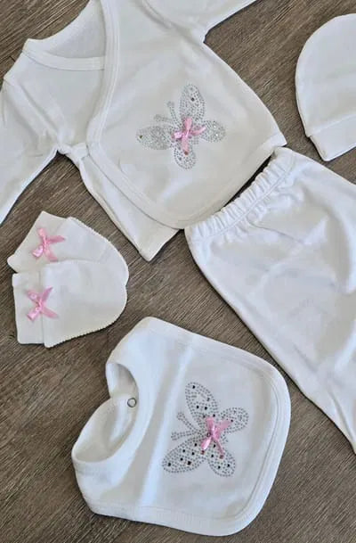 Coffret naissance fille papillon strass 5 pièces coton 0/3 mois ref 6503 ALL FOR KIDS