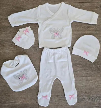 Coffret naissance fille papillon strass 5 pièces coton 0/3 mois ref 6503 ALL FOR KIDS