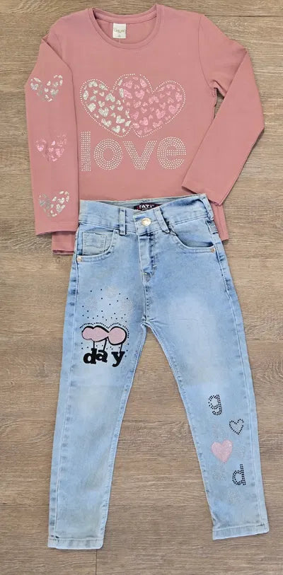 Ensemble fille haut rose Love + jean décoré 100% coton dernière taille 5 ans ref 9541 ALL FOR KIDS