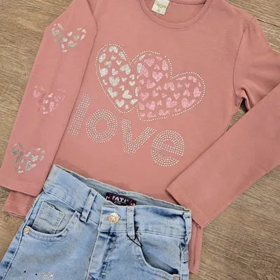 Ensemble fille haut rose Love + jean décoré 100% coton dernière taille 5 ans ref 9541 ALL FOR KIDS