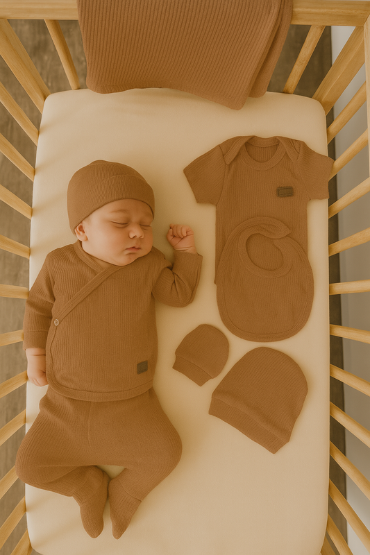 Coffret naissance marron 7 pièces bébé 100% Coton doux 0/3 mois ref 1349 ALL FOR KIDS