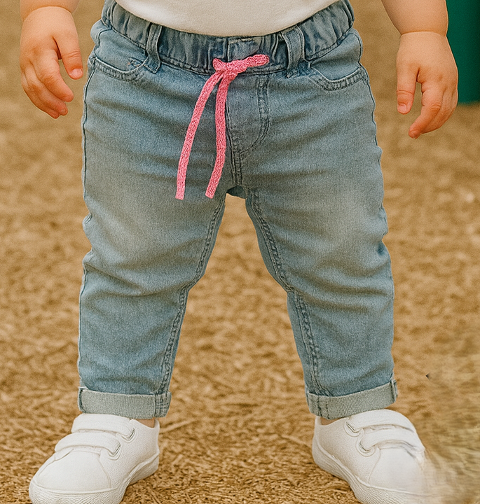 Pantalon fille jean clair avec cordon rose 100% coton dernière taille 4 ans ref 771 ALL FOR KIDS