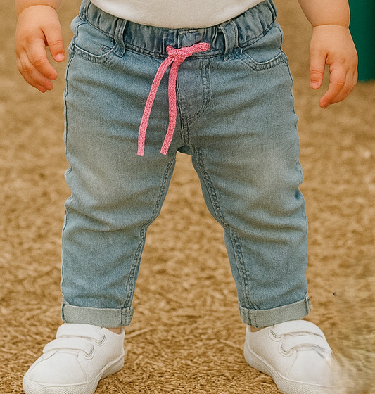 Pantalon fille jean clair avec cordon rose 100% coton dernière taille 4 ans ref 771 ALL FOR KIDS
