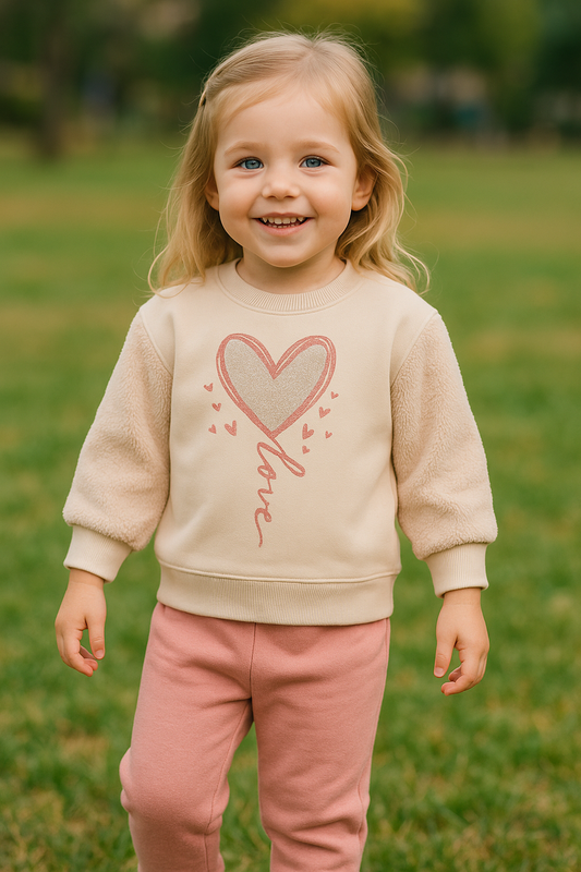 Ensemble fille cœur rose "Love" effet peluche aux manche 100 % coton taille de 2 à 5 ans ref 5516 ALL FOR KIDS