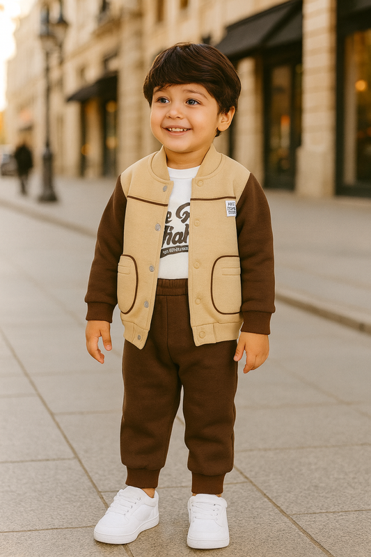 Ensemble garçon rembourré marron beige 100% coton taille de 2 à 5 ans ref 5383 ALL FOR KIDS