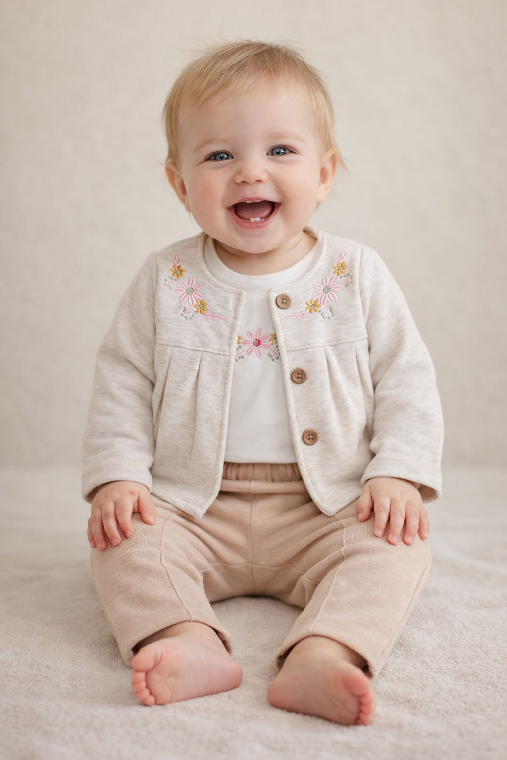 Ensemble fille 3 pièces brodé beige taille de 9 à 18 mois ref 1092