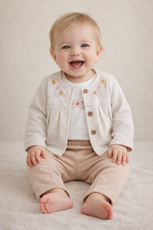 Ensemble fille 3 pièces brodé beige taille de 9 à 18 mois ref 1092