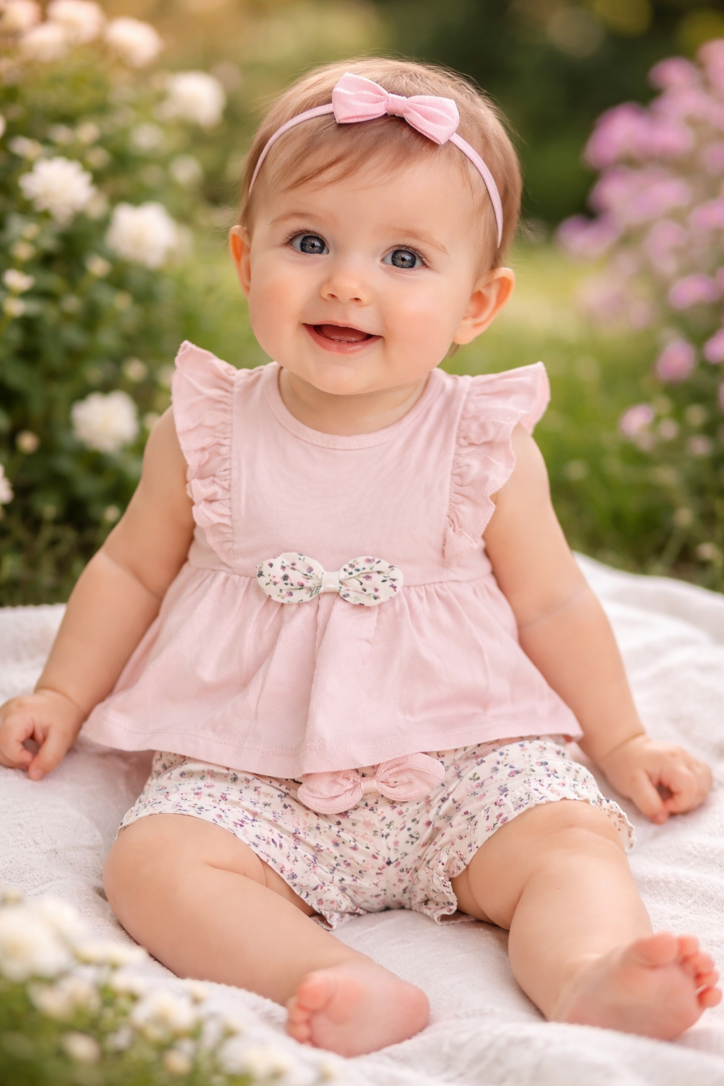 Ensemble bébé fille tee-shirt volants et short fleuri taille de 6 à 18 mois ref 7394 ALL FOR KIDS