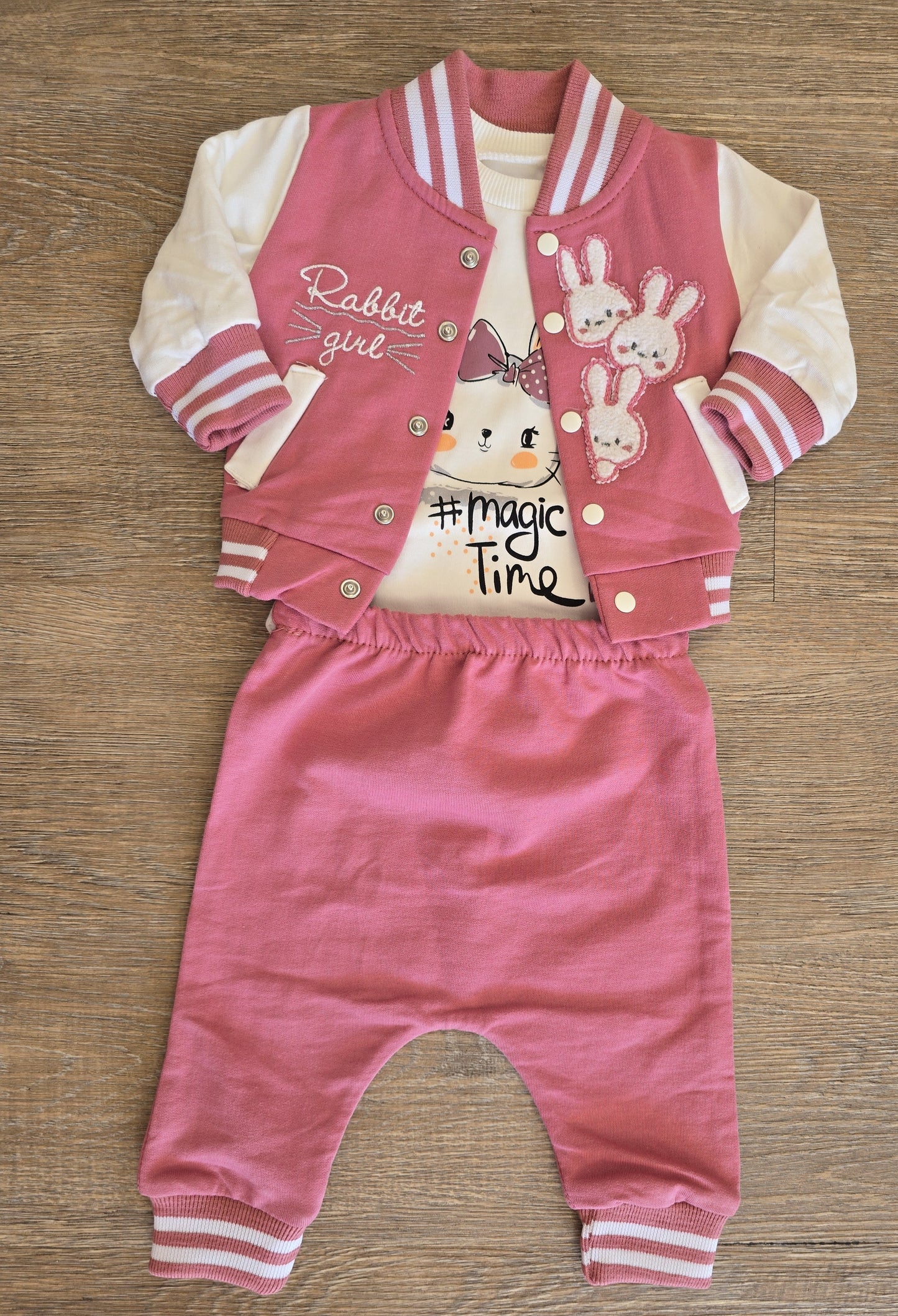 Ensemble bébé fille lapin 3 pièces rose 100% coton taille de 0-6 mois ref 1340 ALL FOR KIDS