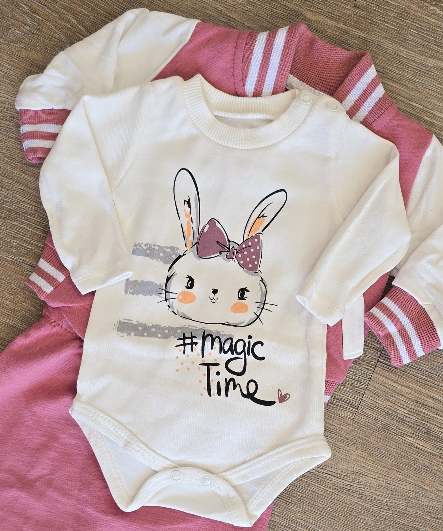 Ensemble bébé fille lapin 3 pièces rose 100% coton taille de 0-6 mois ref 1340 ALL FOR KIDS