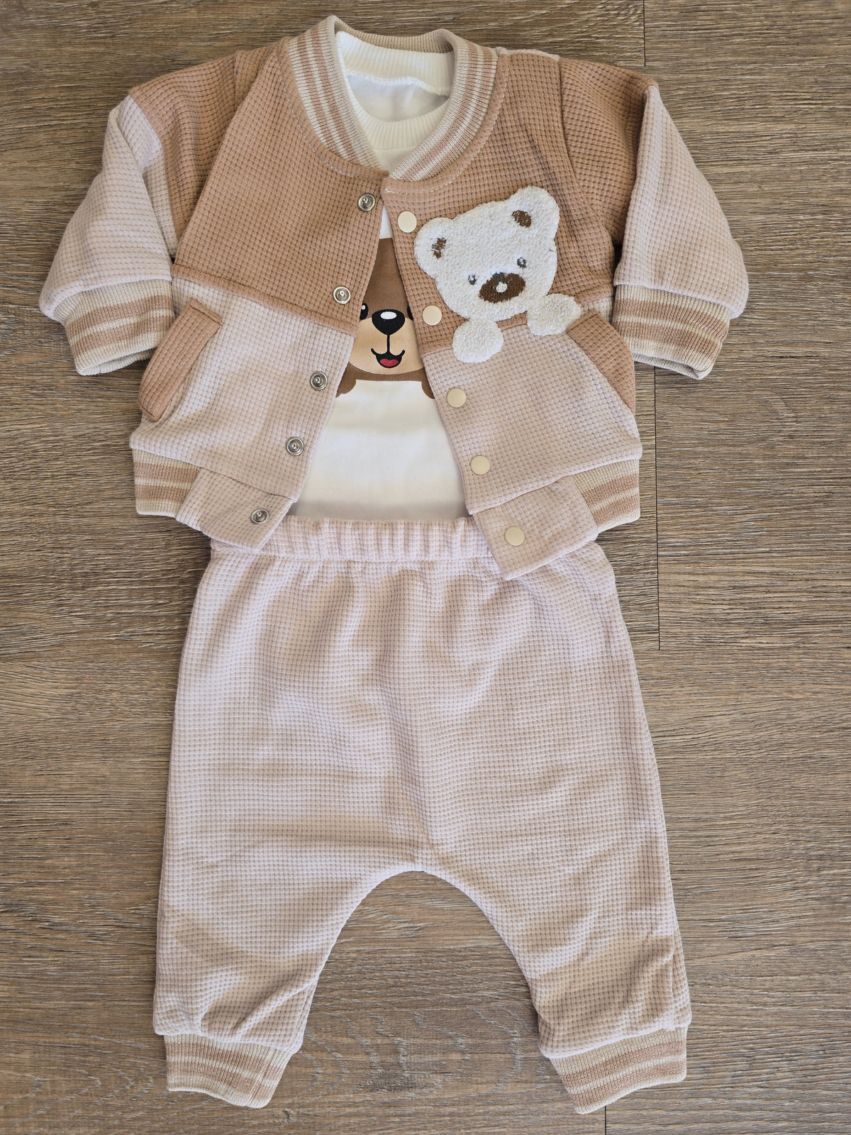 Veste gaufrée beige ensemble bébé ours 3 pièces 100 % coton All for Kids