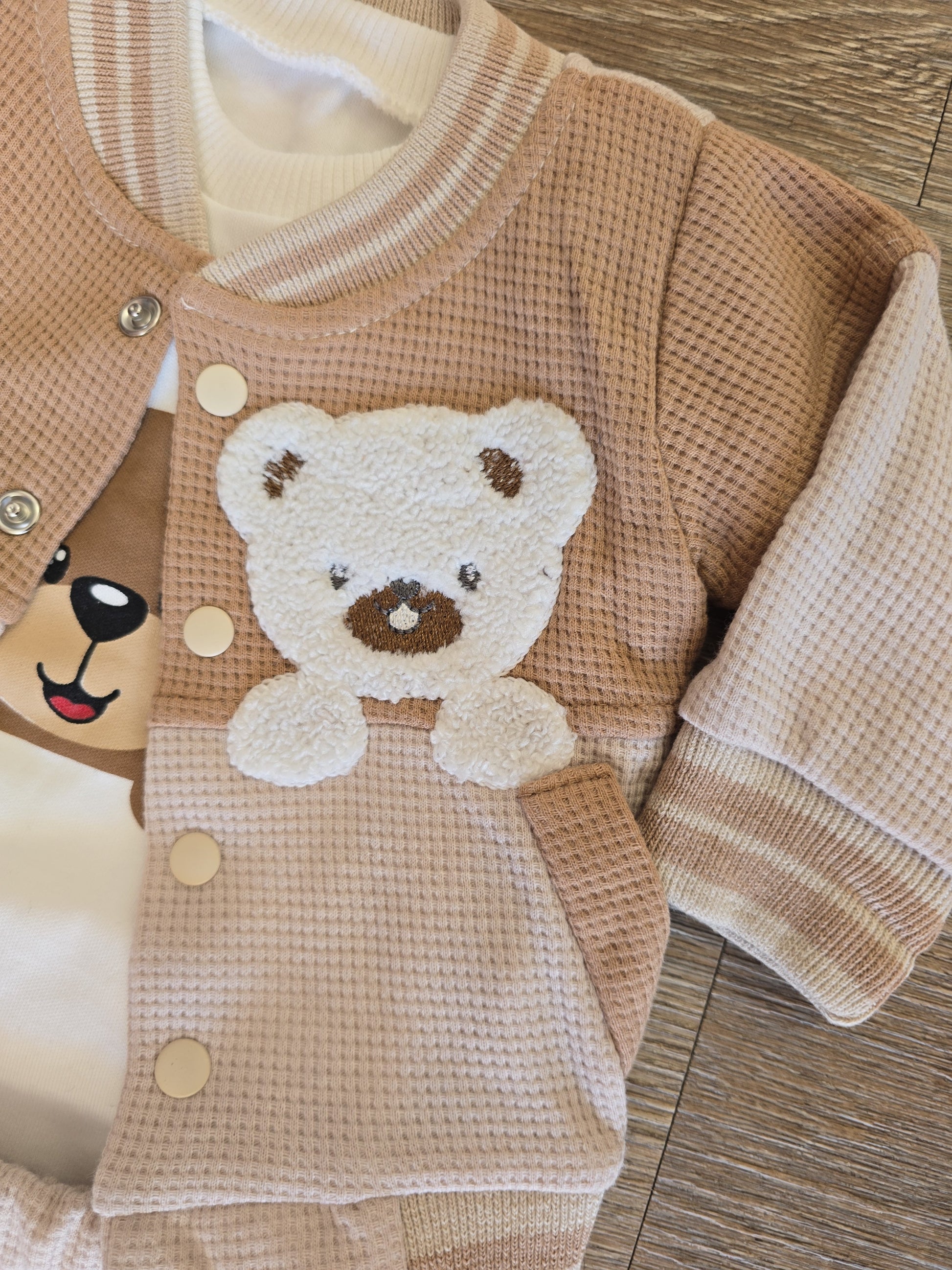 Ensemble bébé ours 3 pièces beige 100% coton taille de 0-6 mois ref 1317 ALL FOR KIDS