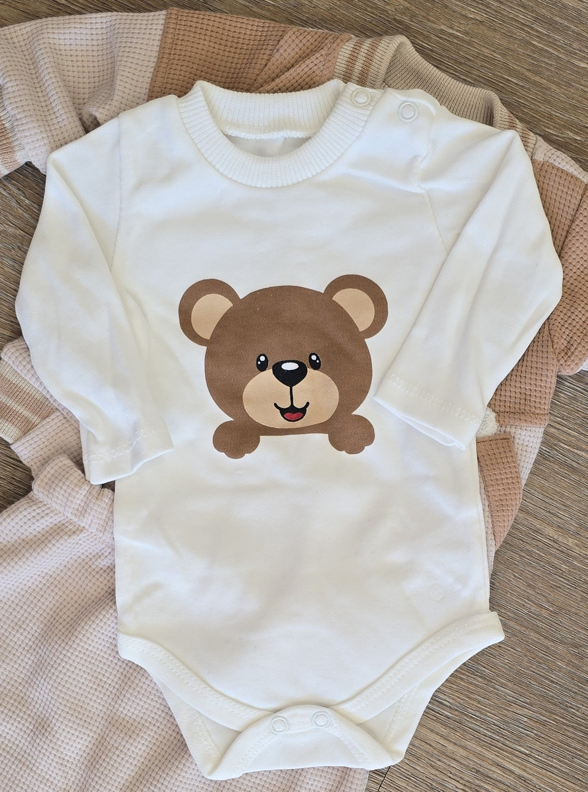 Ensemble bébé beige motif ours 3 pièces 100 % coton tailles 0, 3 et 6 mois All for Kids