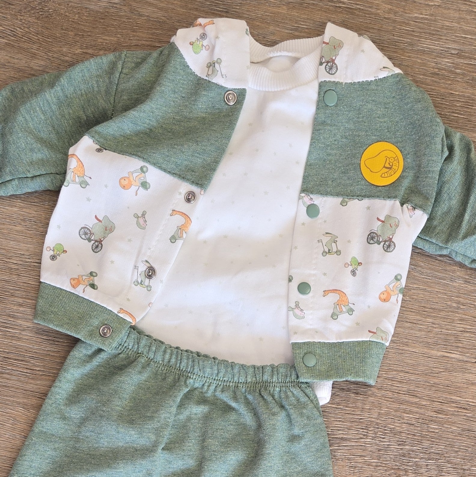 Ensemble bébé garçon 3 pièces coton vert capuche trottinette taille de 0 à 6 mois ref 2177 ALL FOR KIDS