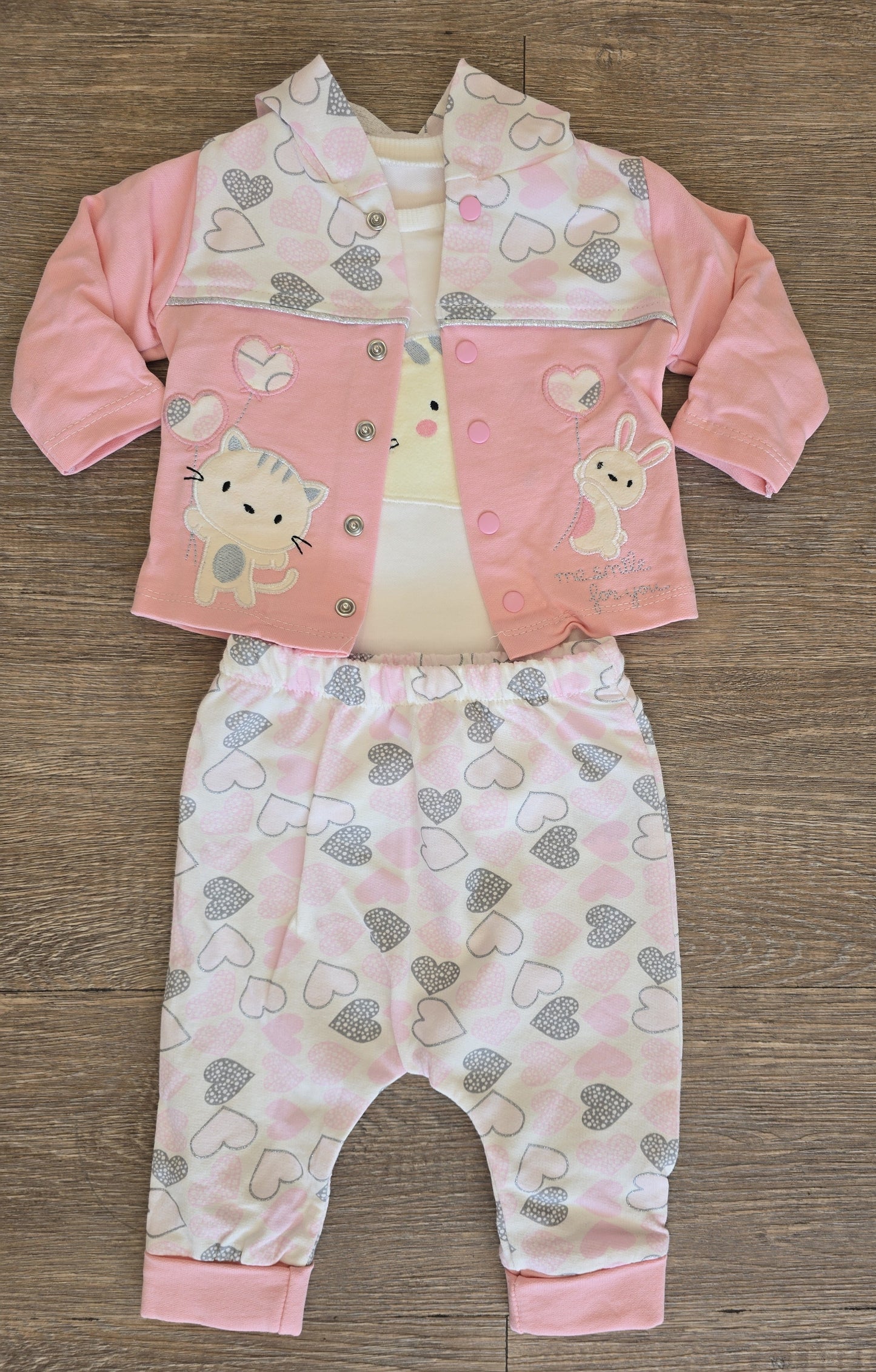 Ensemble fille 3 pièces rose veste + body et pantalon coton taille de 0 à 6 mois,  ref 1316 ALL FOR KIDS
