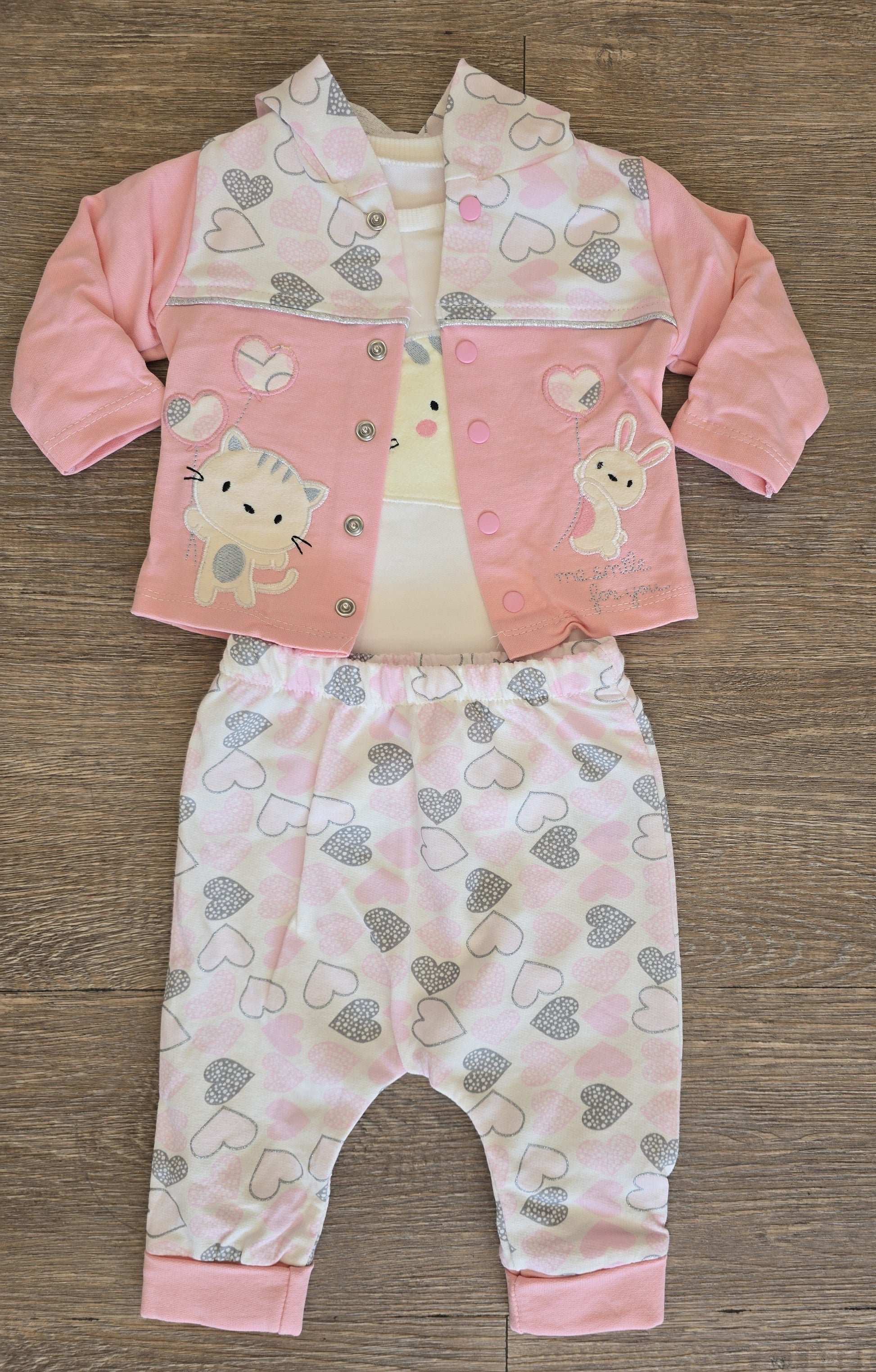 Ensemble fille 3 pièces rose veste + body et pantalon coton taille de 0 à 6 mois,  ref 1316 ALL FOR KIDS