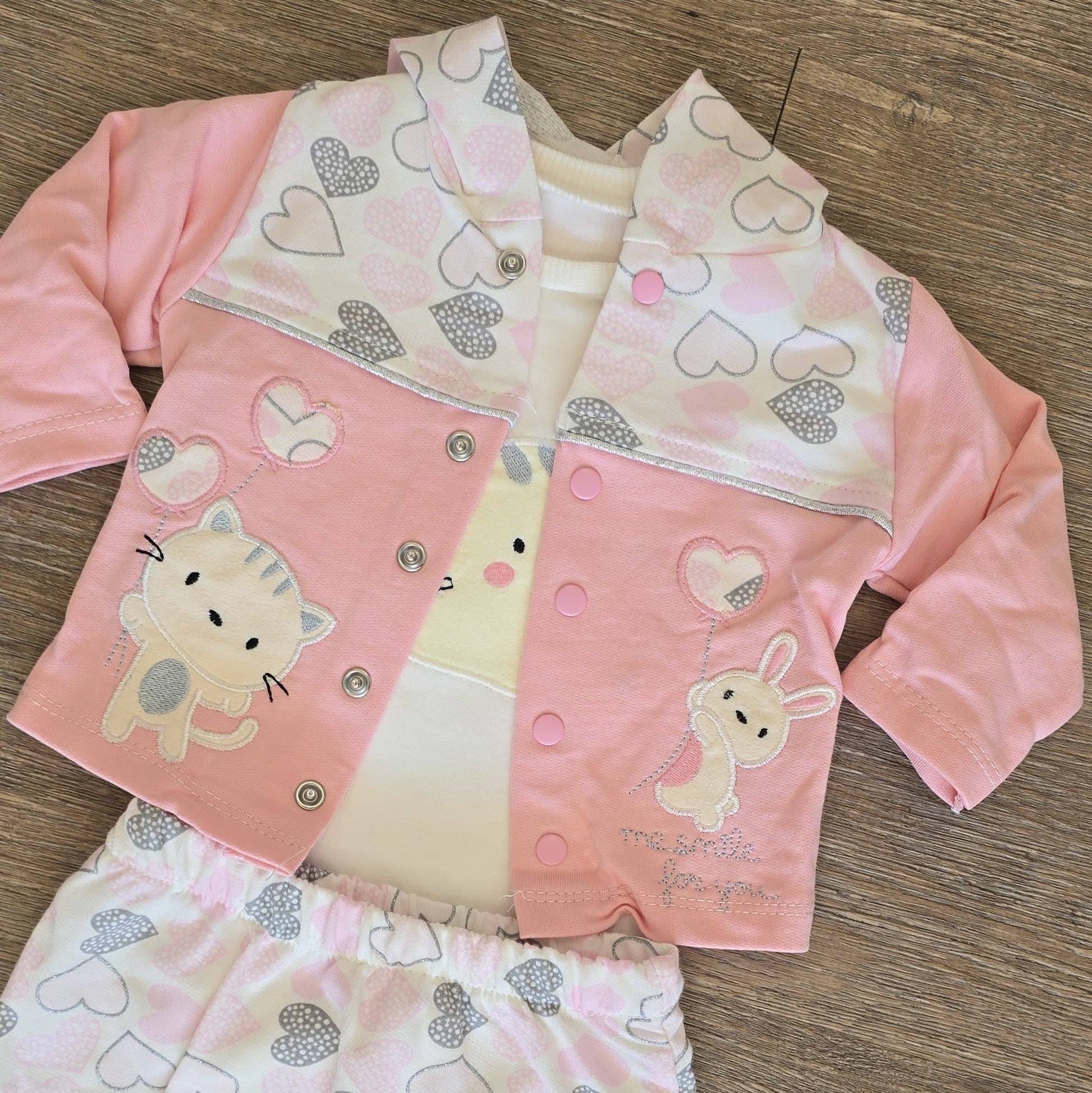 Ensemble fille 3 pièces rose veste + body et pantalon coton taille de 0 à 6 mois,  ref 1316 ALL FOR KIDS