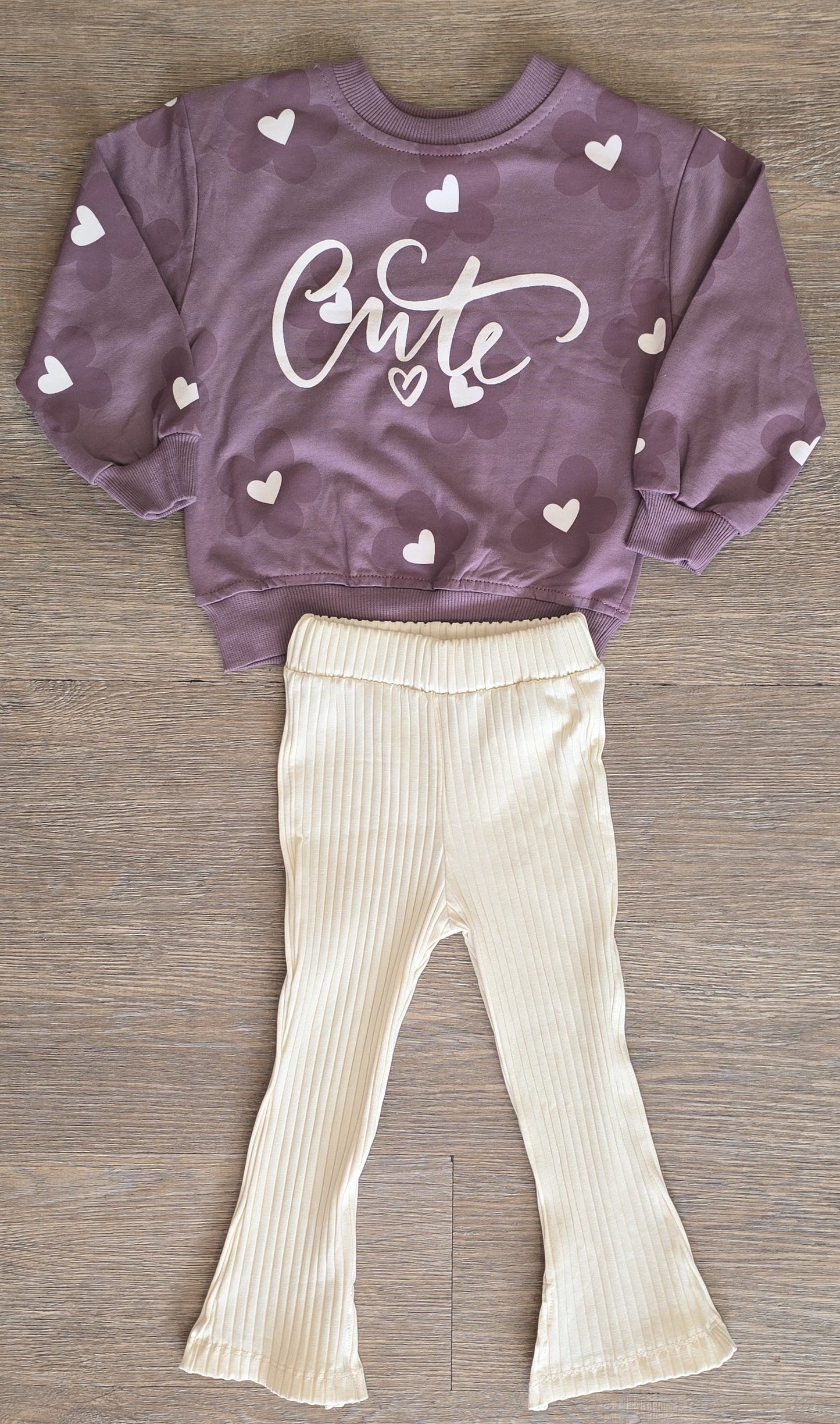 Ensemble fille 100% coton « Cute » – Sweat violet & pantalon évasé crème ref 5421 ALL FOR KIDS